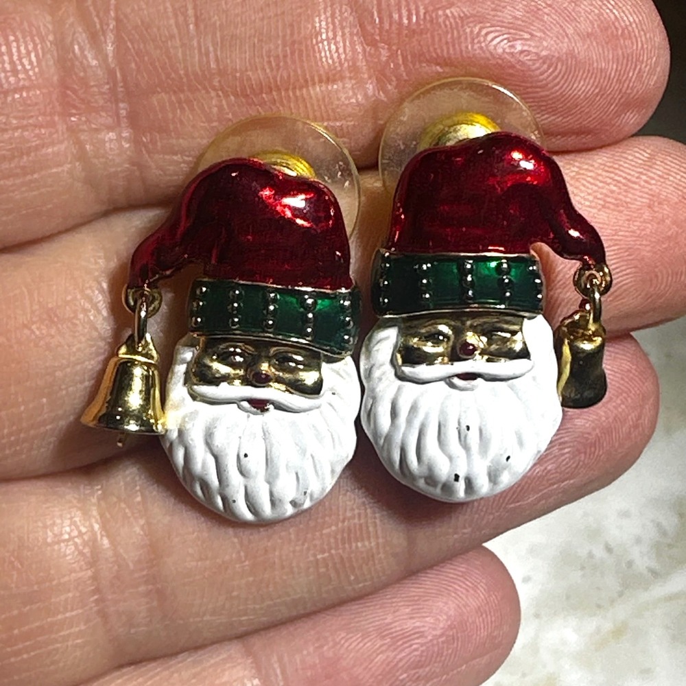 Vintage Santa Claus Christmas Stud Earrings Gold Tone Enamel Dangle Bell Festive